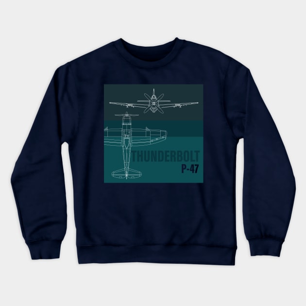 Elevate your Style: P-47 Thunderbolt blueprint design Crewneck Sweatshirt by Blue Gingko Designs LLC